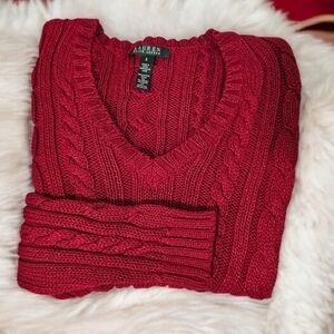 LRL Women's V-Neck Cable Knit Sweater in Red With Glitter -- Size Small